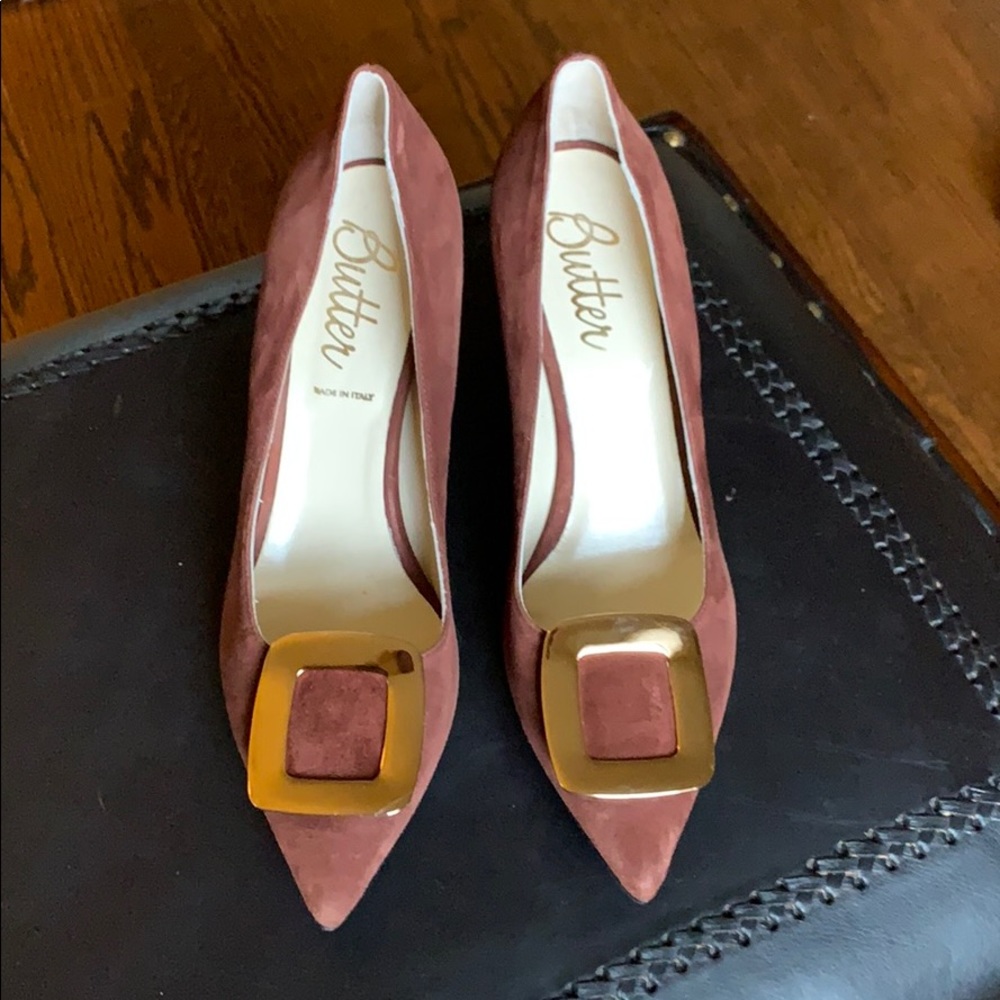 Butter Women's Brown Suede Heels with Gold Buckle
